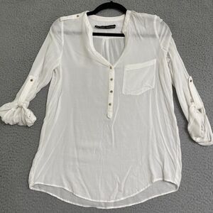 Zara Basic Women's XS Semi Sheer lightweight Roll Tab Cream Gold Button Blouse